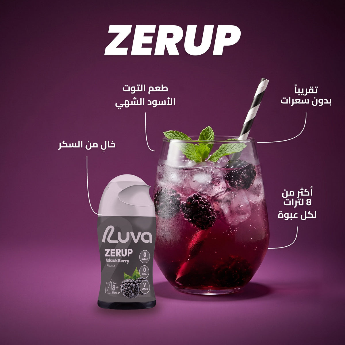 سيروب ZERUP توت أسود بدون سكر من LUVA، زجاجة 65 مل بجانب كوب من مشروب التوت الأسود الفوار مع الثلج والتوت الطازج