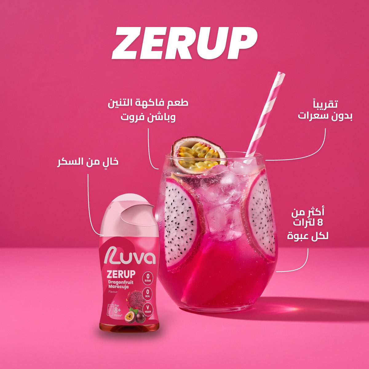سيروب ZERUP فاكهة التنين وباشن فروت بدون سكر من LUVA، زجاجة 65 مل بجانب كوب من مشروب فاكهة التنين وباشن فروت مع الثلج