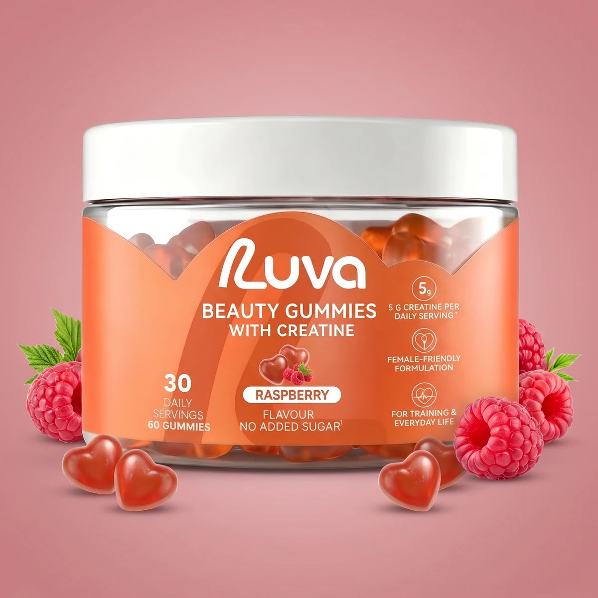 LUVA Creatine Gummies Raspberry flavour with fresh raspberries