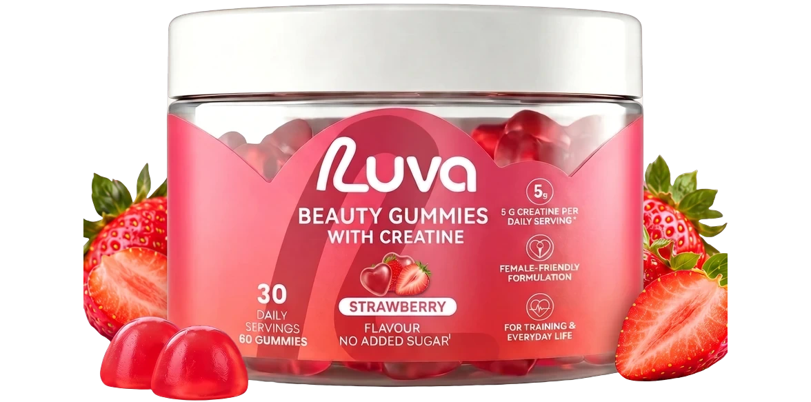 LUVA Creatine Gummies Strawberry tin with gummies and fresh strawberries