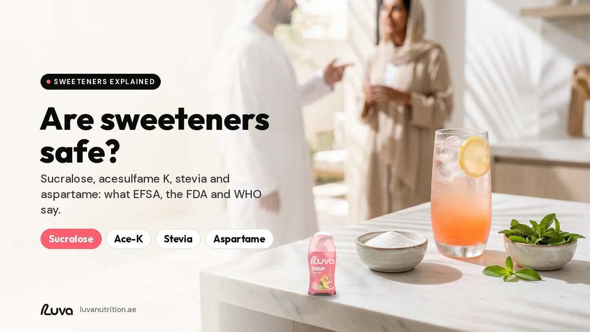 Are sweeteners safe? Glass of sugar-free sparkling drink next to sweetener powder and stevia leaves, with a LUVA ZERUP Peach Iced Tea sugar-free syrup bottle