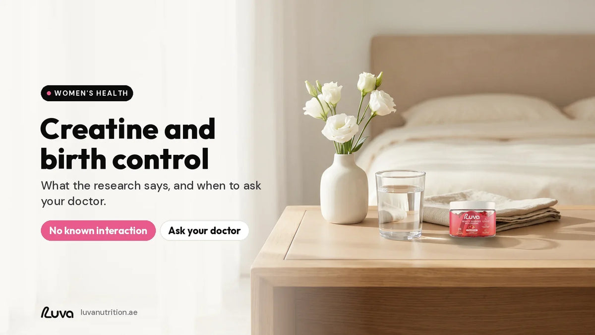 LUVA Creatine Gummies strawberry tin on a bedside table with a glass of water