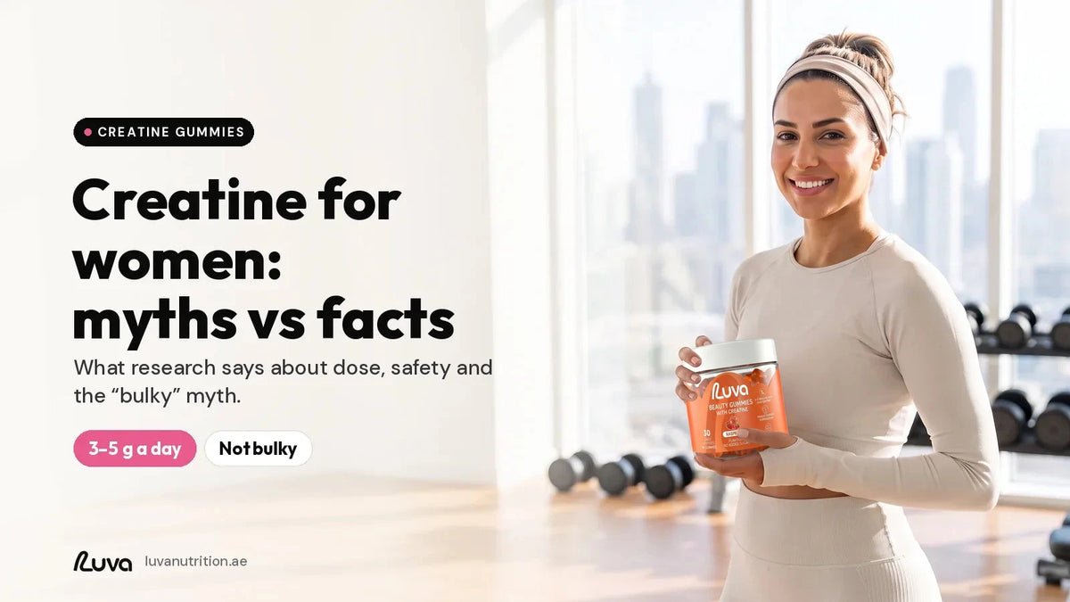 Creatine for women: woman in modest sportswear holding a jar of LUVA creatine gummies in a bright gym