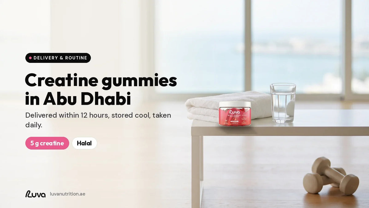 LUVA Creatine Gummies strawberry tin on a side table in a bright Abu Dhabi living room