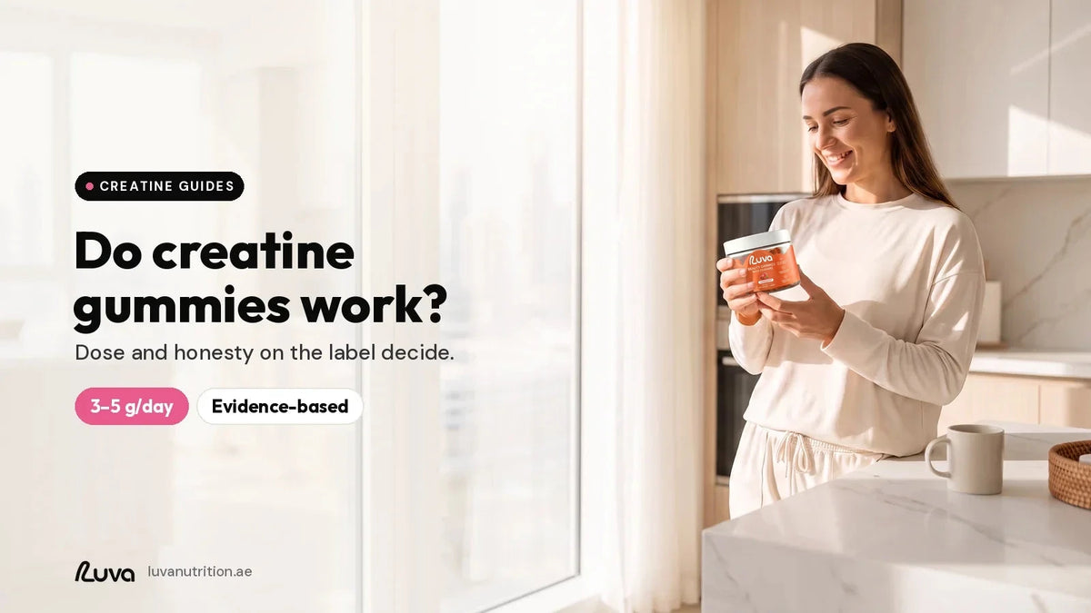 Do creatine gummies work: woman with LUVA creatine gummies jar