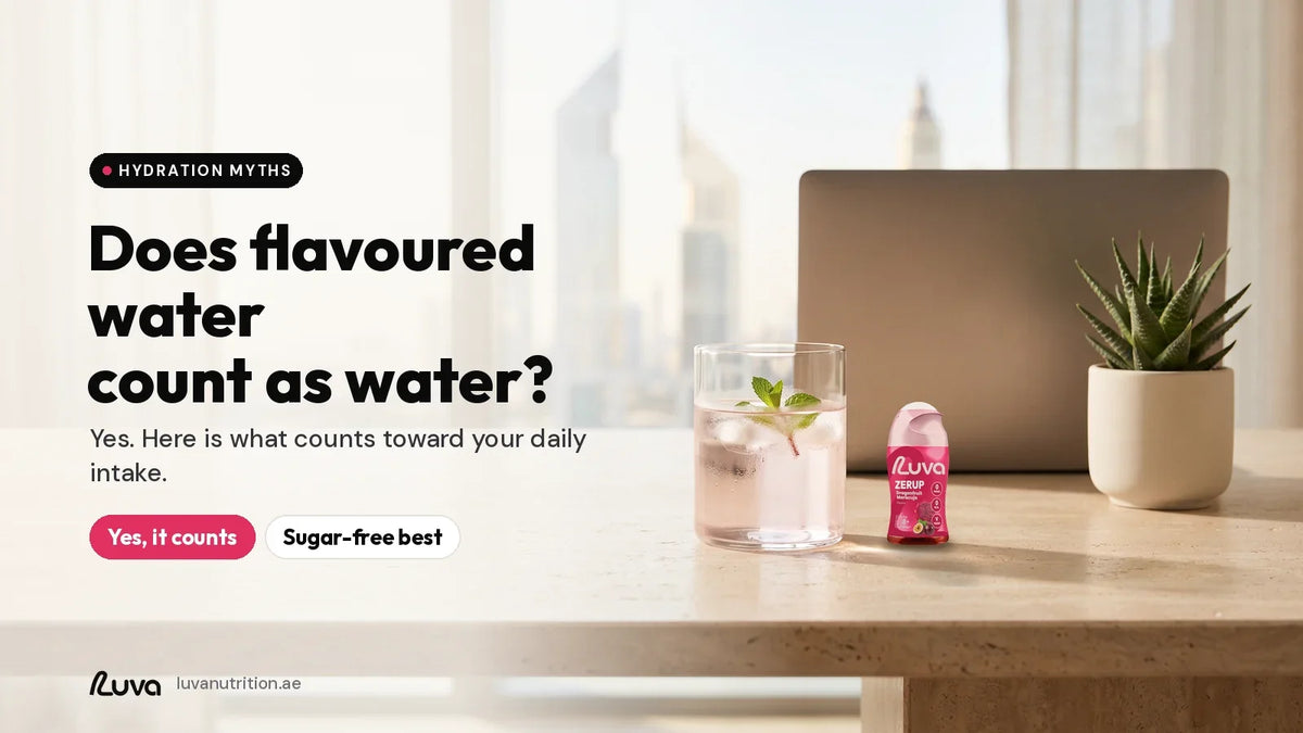 ZERUP by LUVA Dragonfruit Passionfruit bottle next to a glass of flavoured water on a desk