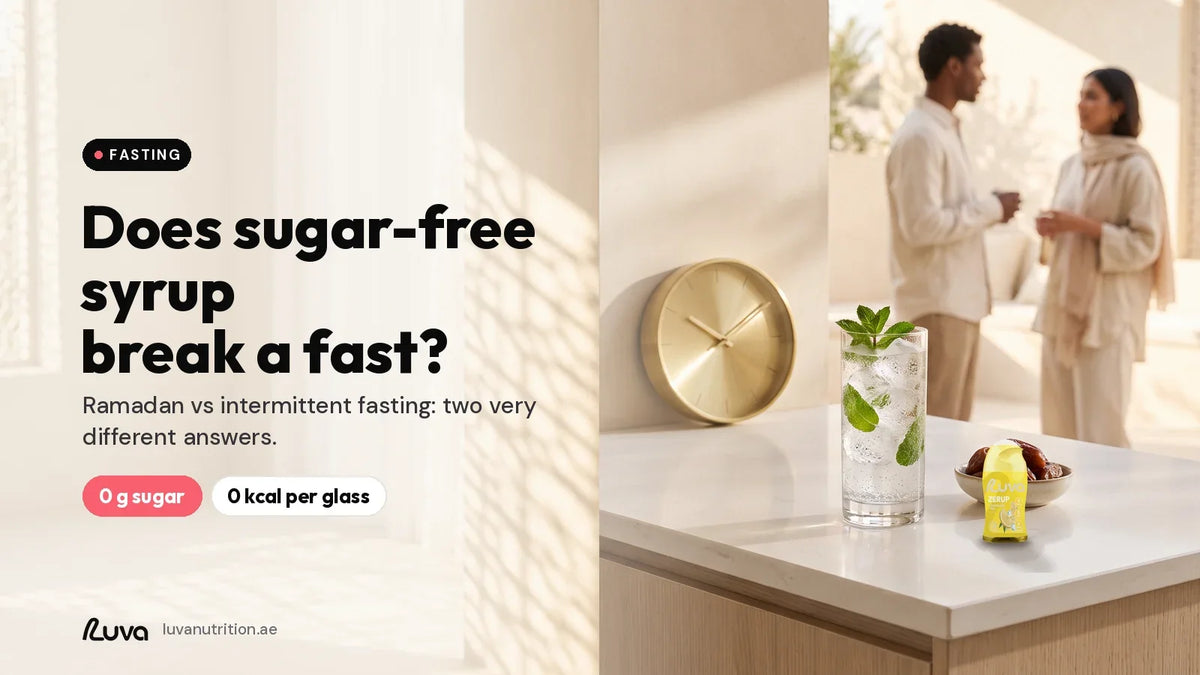 Does sugar-free syrup break a fast? Glass of sparkling flavoured water with dates at golden hour, with a LUVA ZERUP Lemon Iced Tea sugar-free syrup bottle