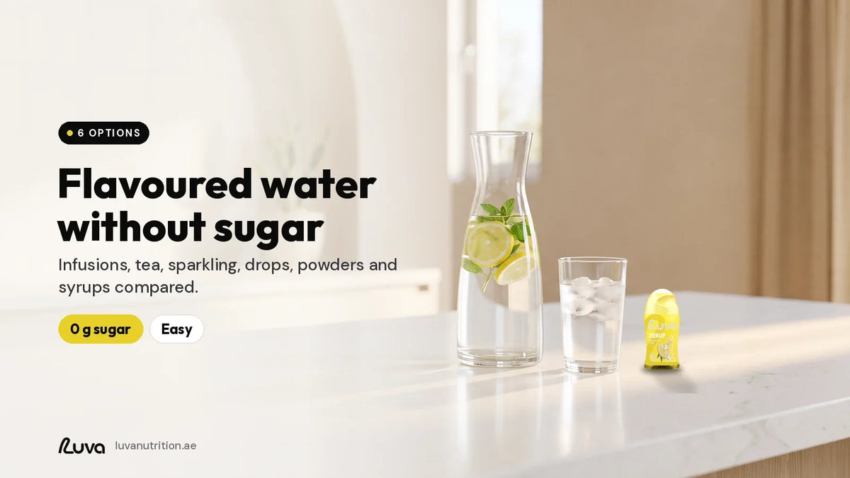 ZERUP by LUVA Lemon Iced Tea bottle next to a carafe of infused water