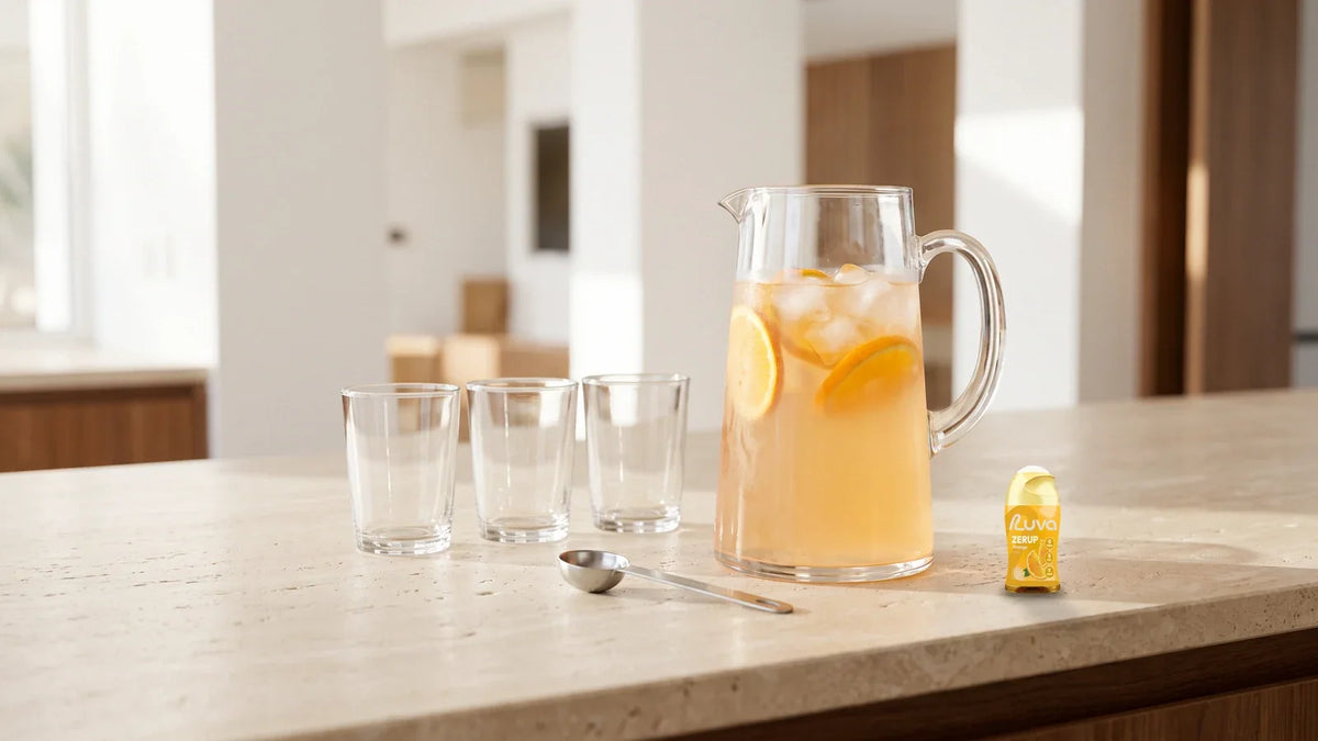 ZERUP by LUVA Orange bottle beside a 2-litre jug of orange-flavoured water, glasses and a measuring spoon