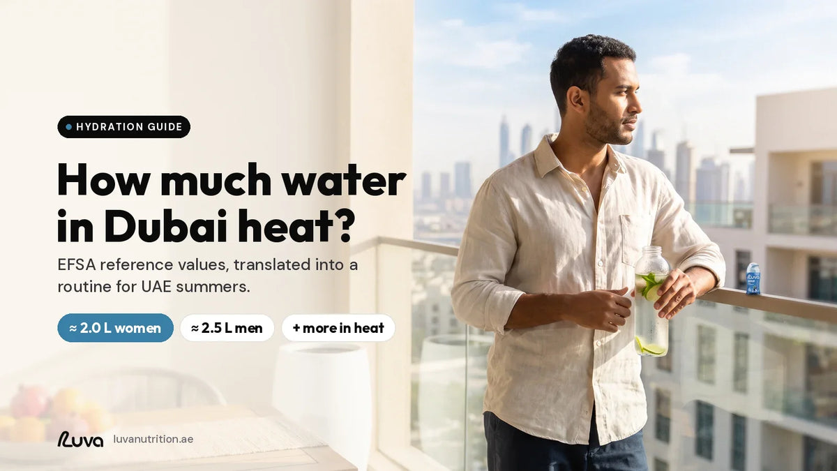 Wie viel Wasser in der Dubai-Hitze trinken: Mann mit eiskalter Wasserflasche auf einem Balkon mit Dubai-Skyline, mit einer LUVA ZERUP Blue Raspberry zuckerfreien Sirup-Flasche
