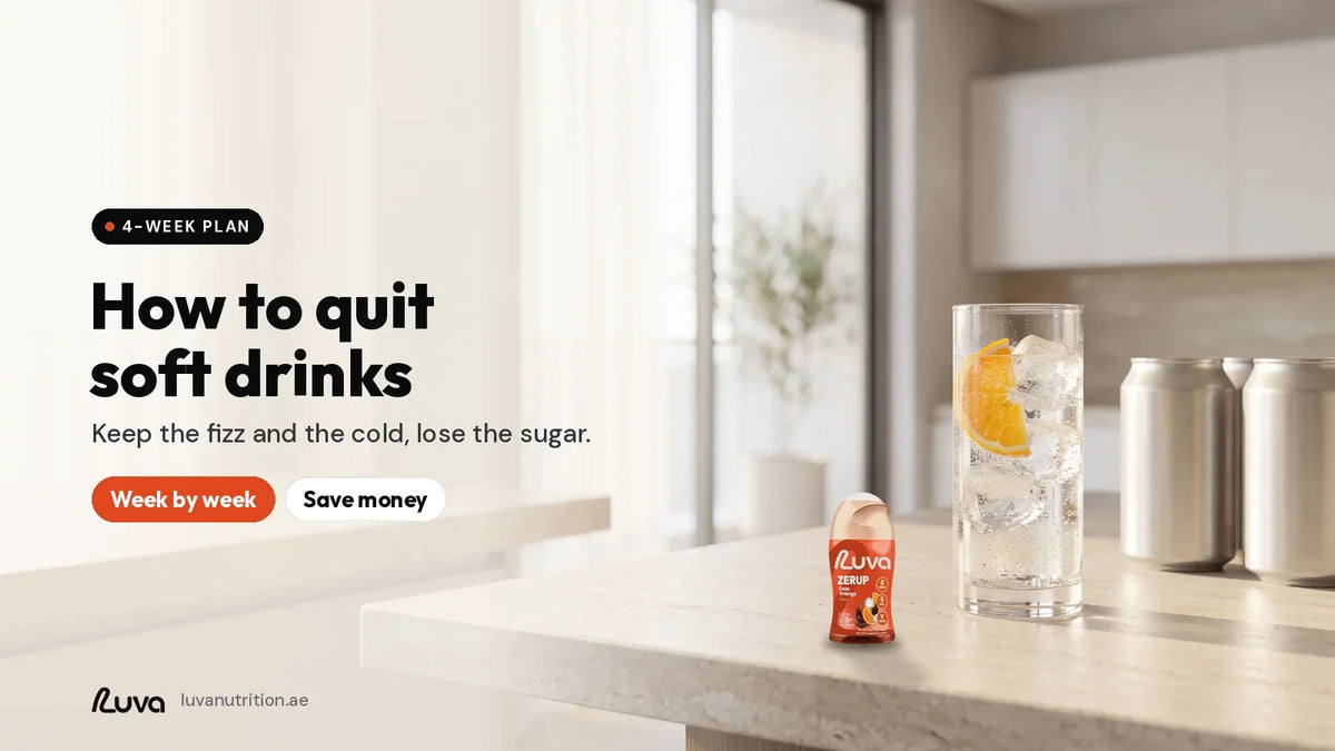 ZERUP by LUVA Cola Orange bottle next to a glass of sparkling water replacing soft drinks