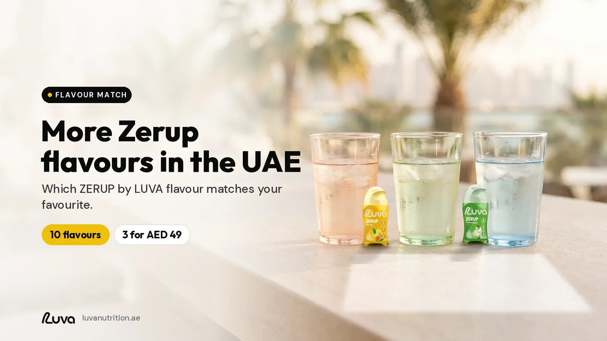 ZERUP by LUVA Mango and Green Apple bottles with tinted glasses of iced water on a Dubai terrace