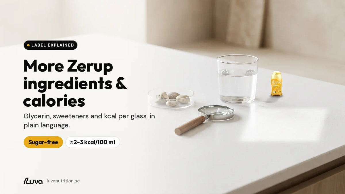 ZERUP by LUVA Orange bottle beside a glass of water and magnifying glass for an ingredients guide