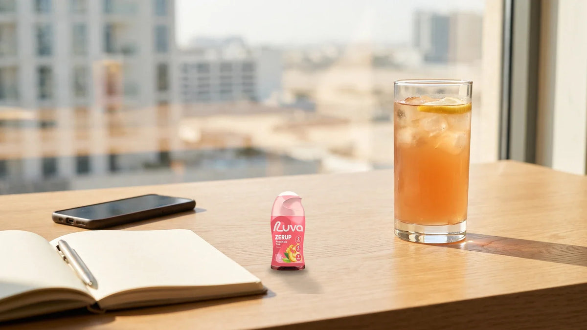 ZERUP by LUVA Peach Iced Tea bottle on a desk with a notebook, a phone and a glass of peach iced tea
