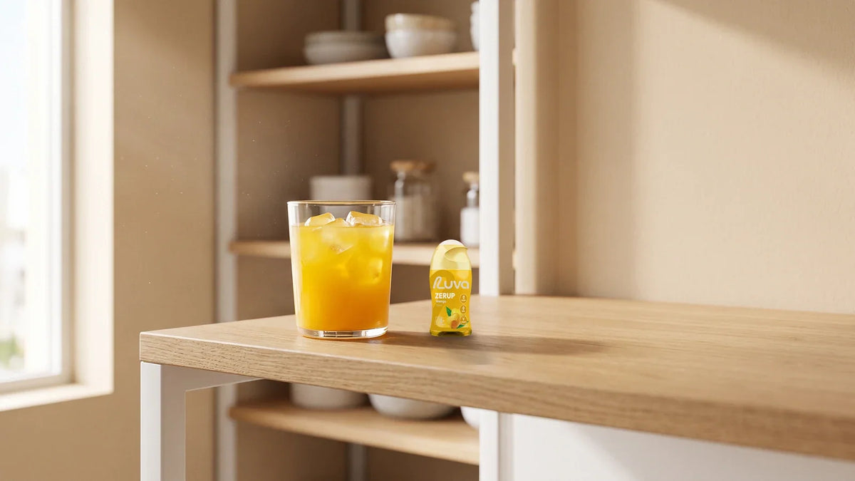 ZERUP by LUVA Mango bottle and a glass of mango-flavoured water on an almost empty pantry shelf