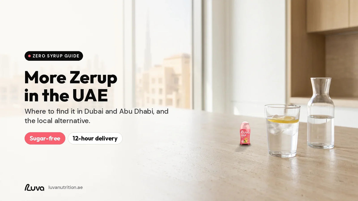ZERUP by LUVA Peach Iced Tea bottle next to a glass of iced water in a Dubai kitchen