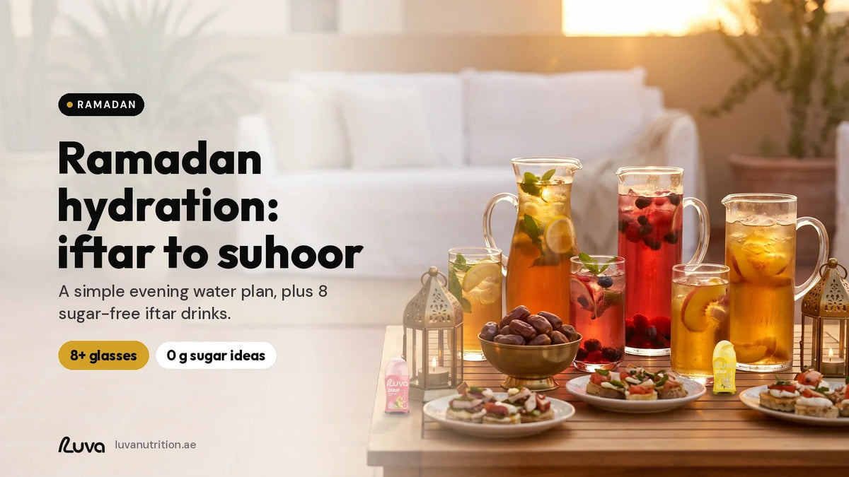 Ramadan hydration: iftar table with dates, lanterns and sugar-free drinks in a UAE home, with LUVA ZERUP Lemon Iced Tea and Peach Iced Tea syrup bottles