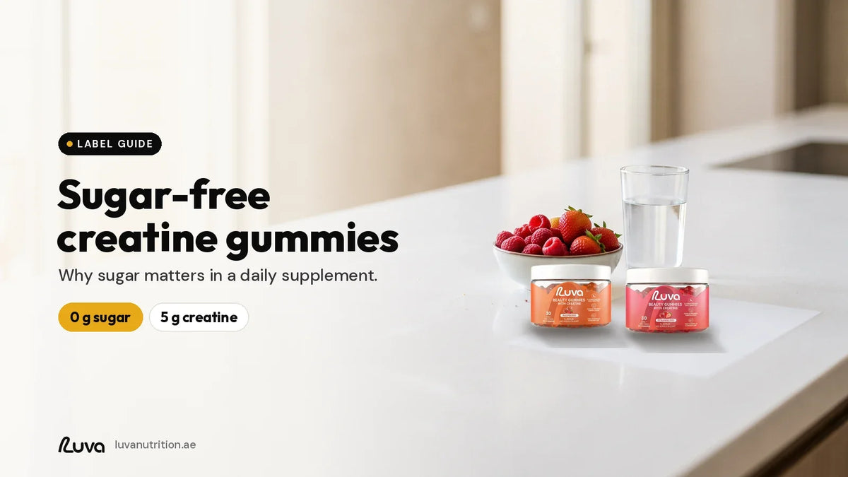 LUVA sugar-free creatine gummies raspberry and strawberry tins with fresh berries