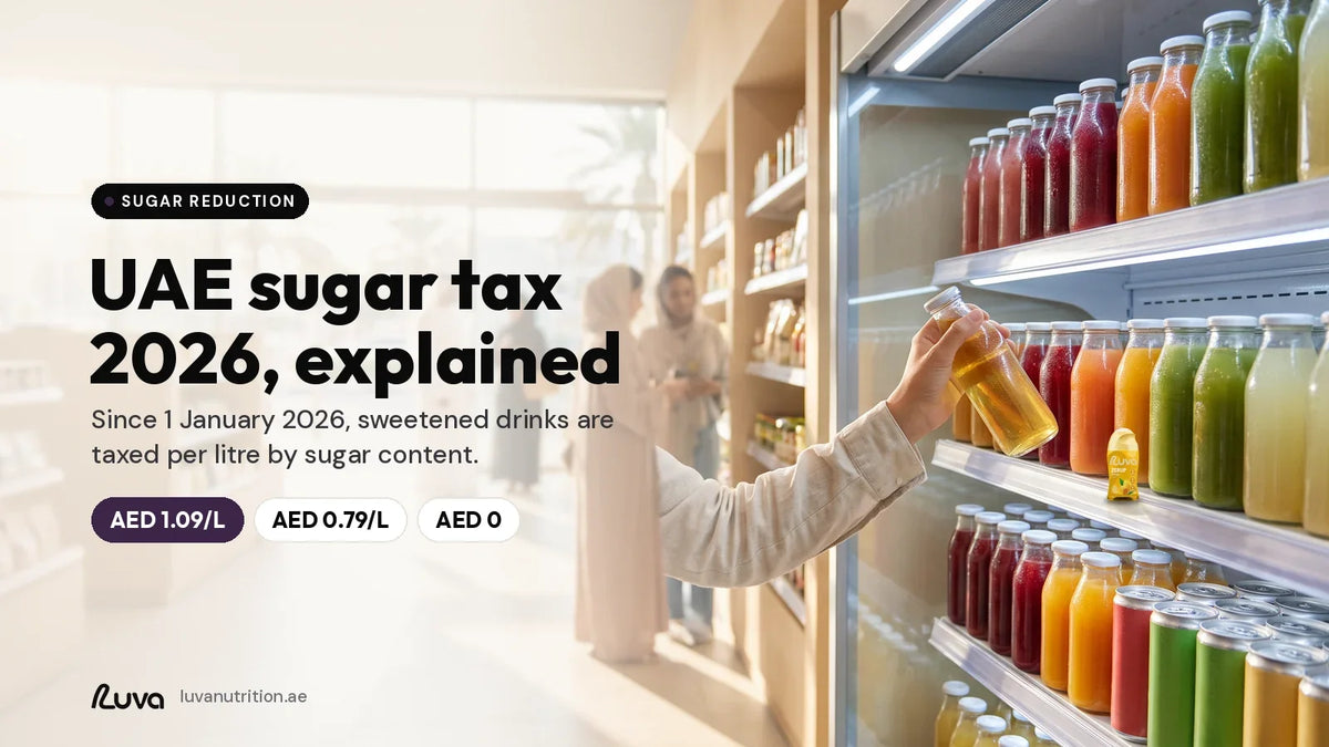 UAE sugar tax 2026 explained: shopper choosing a drink from a supermarket fridge in Dubai, with a LUVA ZERUP Mango sugar-free syrup bottle