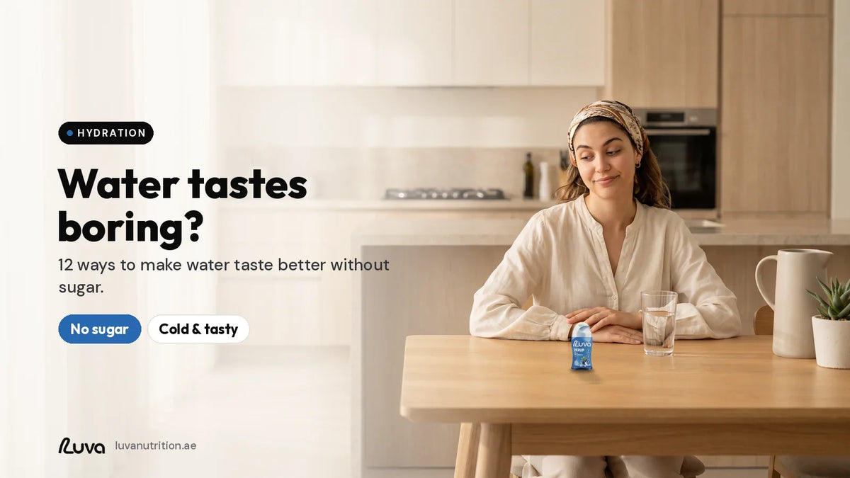 Woman looking at a plain glass of water next to a ZERUP by LUVA Blue Raspberry bottle
