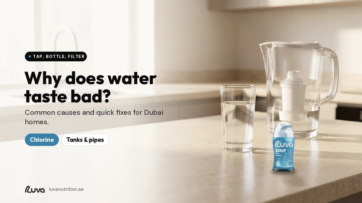 Glass of water and a filter jug in a Dubai kitchen with a ZERUP by LUVA First Heaven bottle