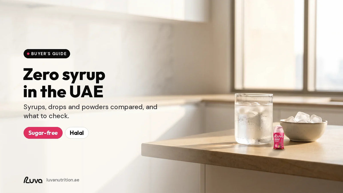 ZERUP by LUVA Dragonfruit Passionfruit bottle next to iced water in a Dubai kitchen