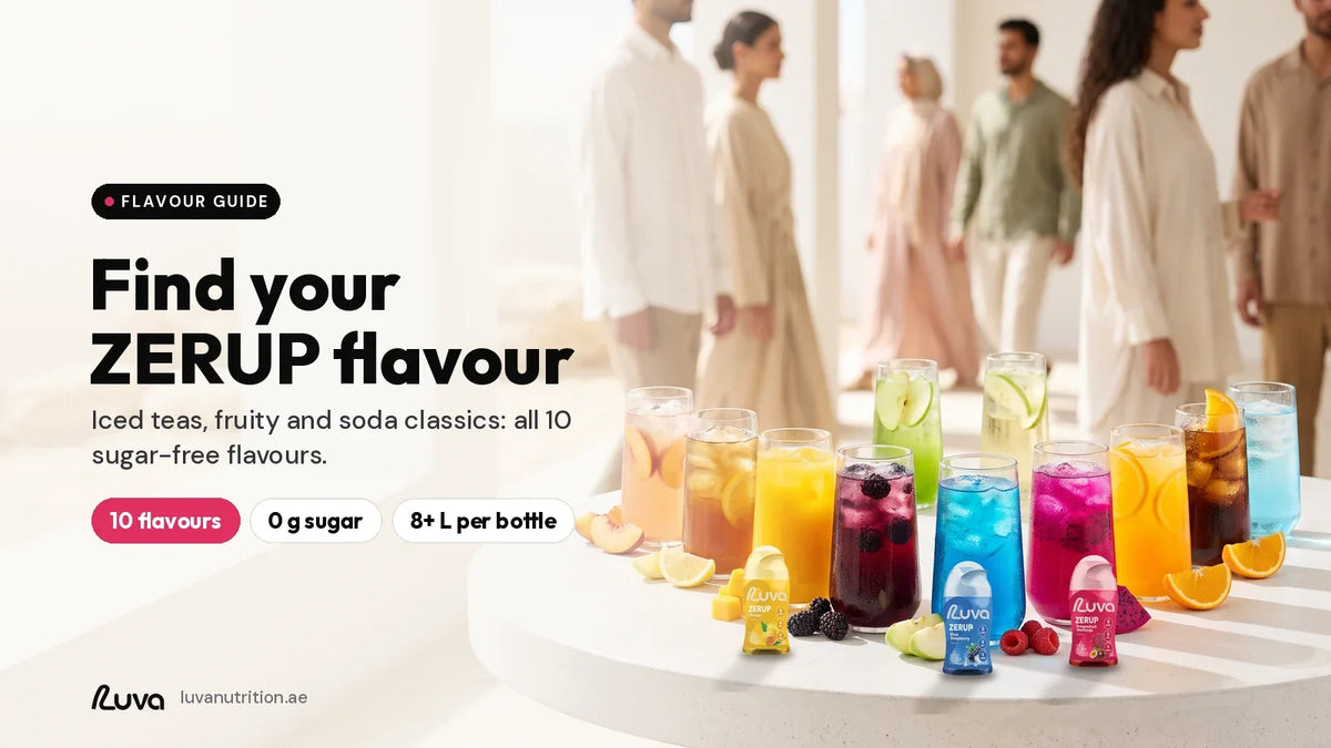 ZERUP flavour guide: ten glasses of colourful sugar-free flavoured water with fresh fruit in an arc, with LUVA ZERUP Dragonfruit Passionfruit, Blue Raspberry and Mango syrup bottles
