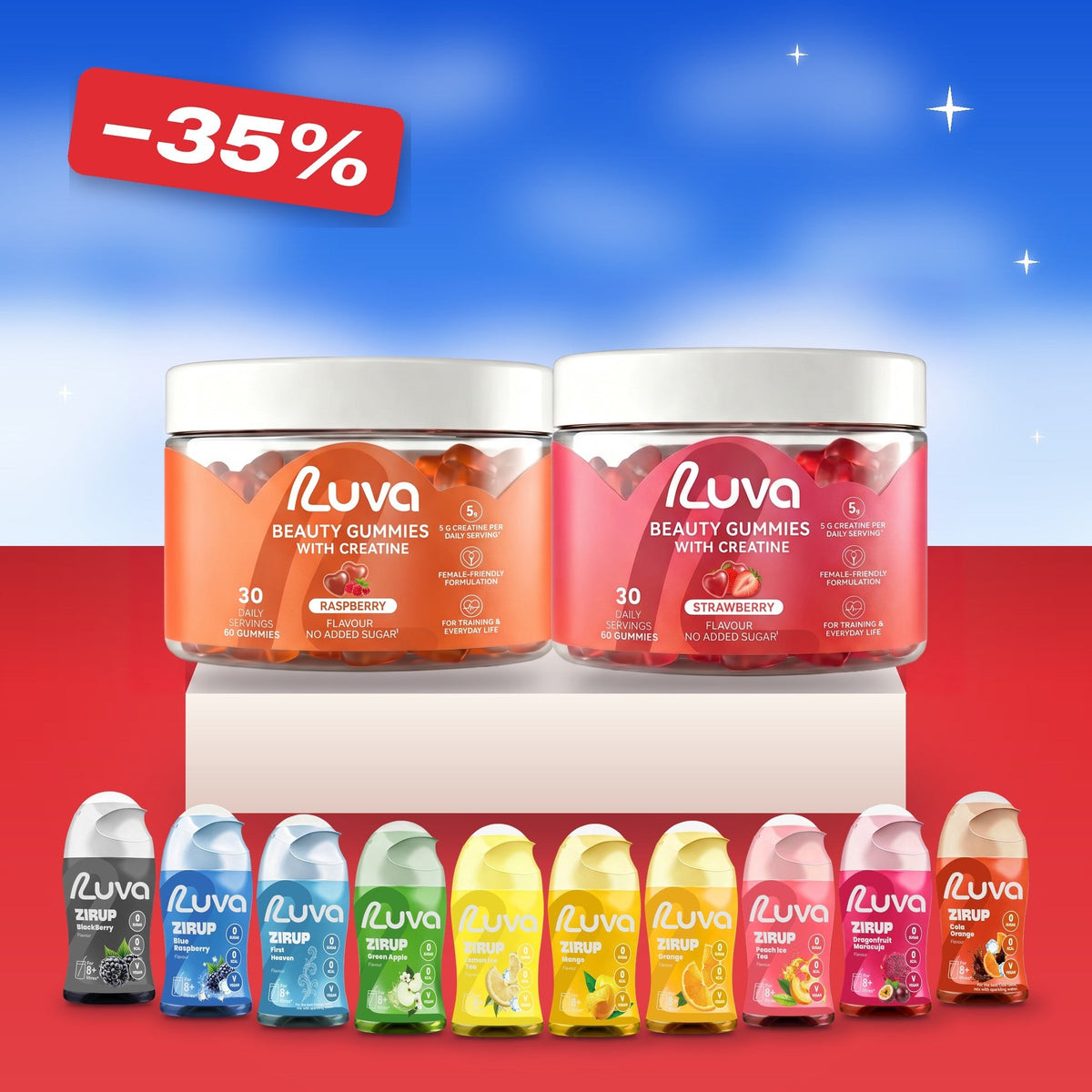 LUVA Starter Bundle: all 10 ZERUP sugar-free syrup bottles in front of the raspberry and strawberry Creatine Gummies tins on a red stage, 35% off