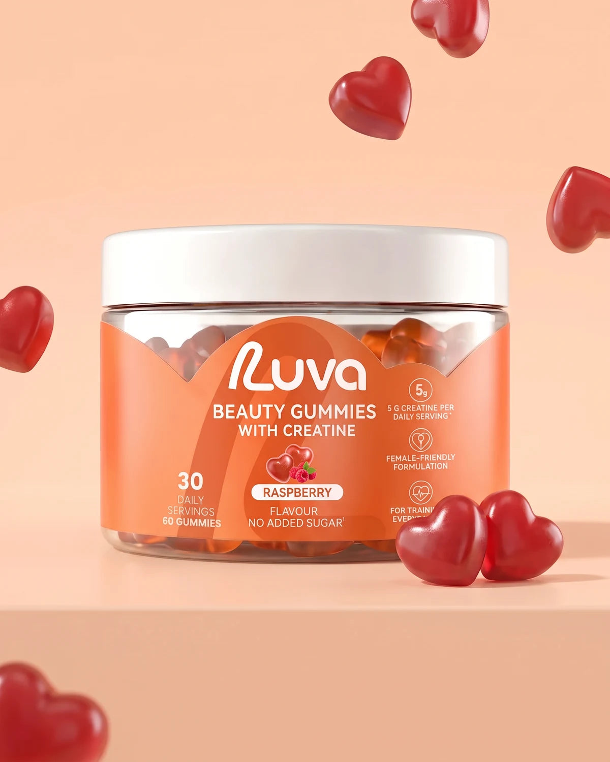 LUVA heart-shaped creatine gummies next to the tin – creatine dose calculator