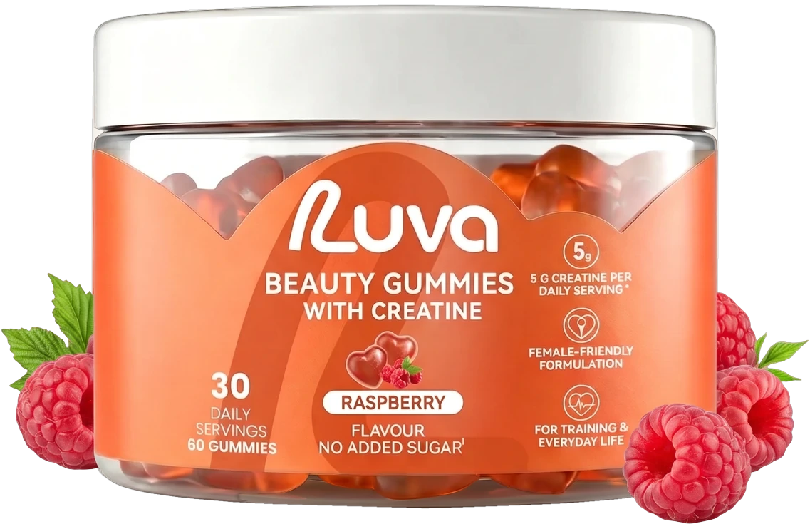 LUVA Creatine Gummies Raspberry tin with heart-shaped gummies and fresh raspberries