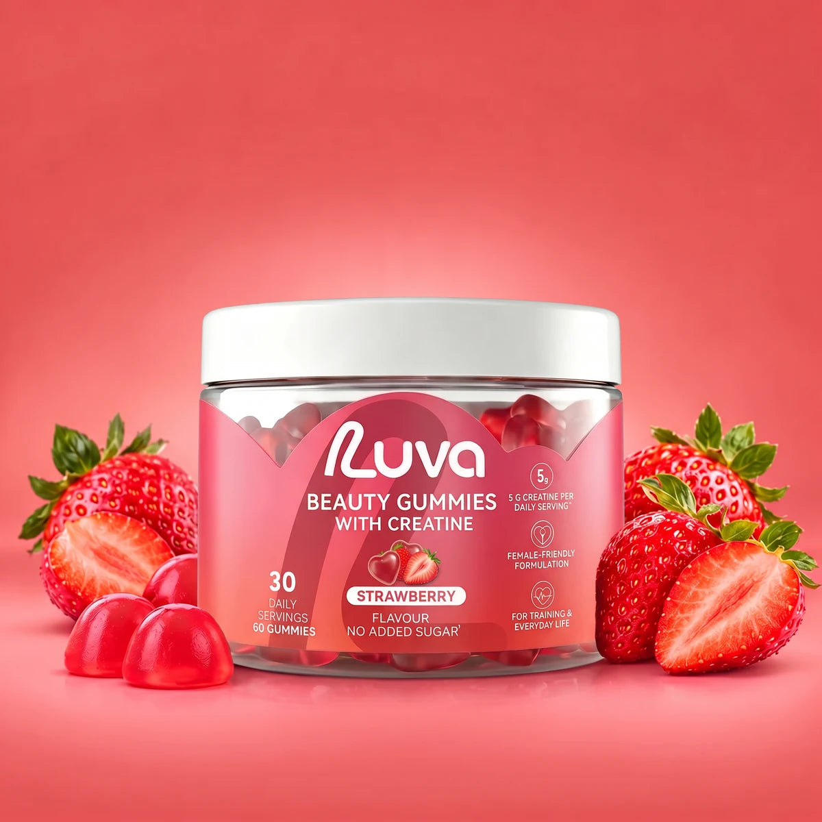 LUVA Creatine Gummies Strawberry flavour with fresh strawberries
